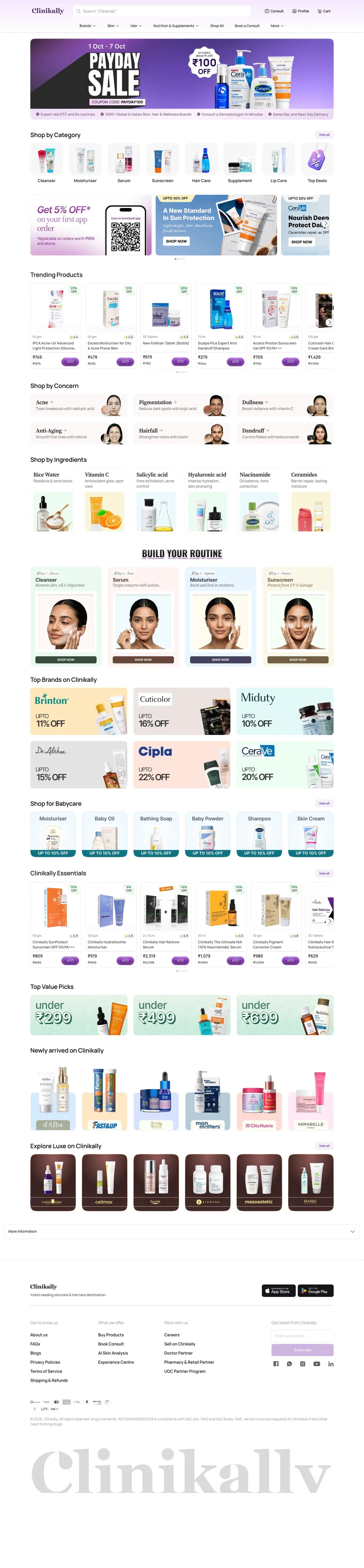 Clinikally homepage on desktop, full page