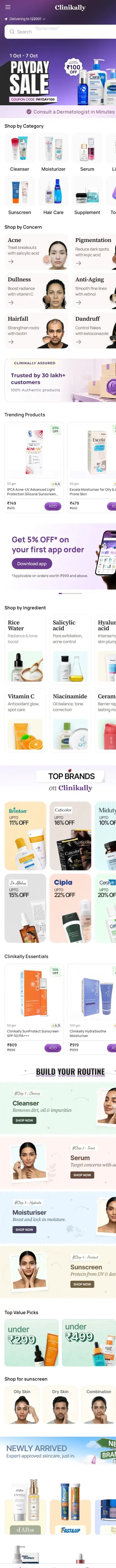 Clinikally homepage on a phone, full page