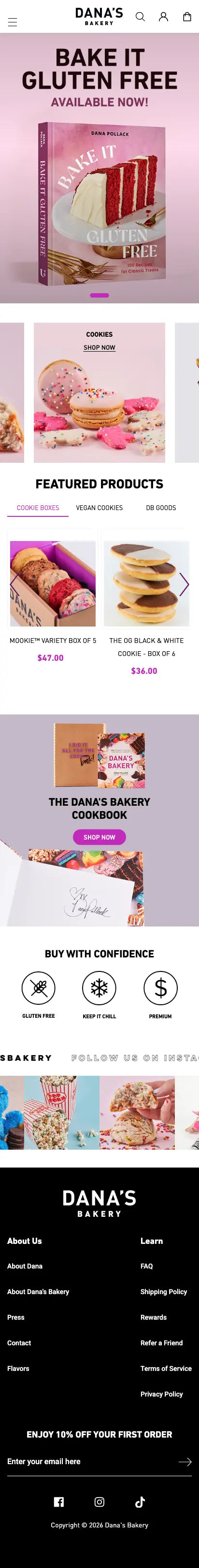 Dana's Bakery homepage on a phone, full page