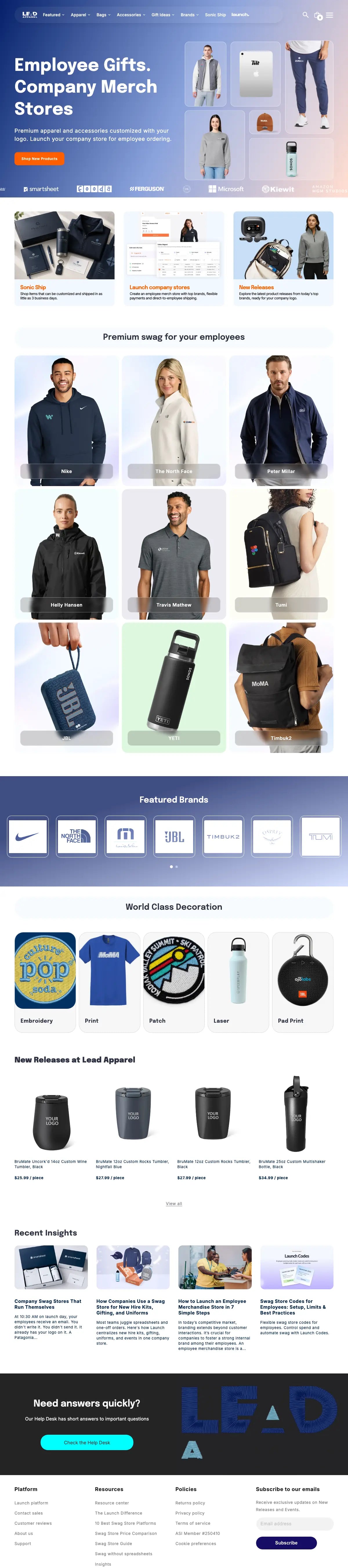 Lead Apparel homepage, full page