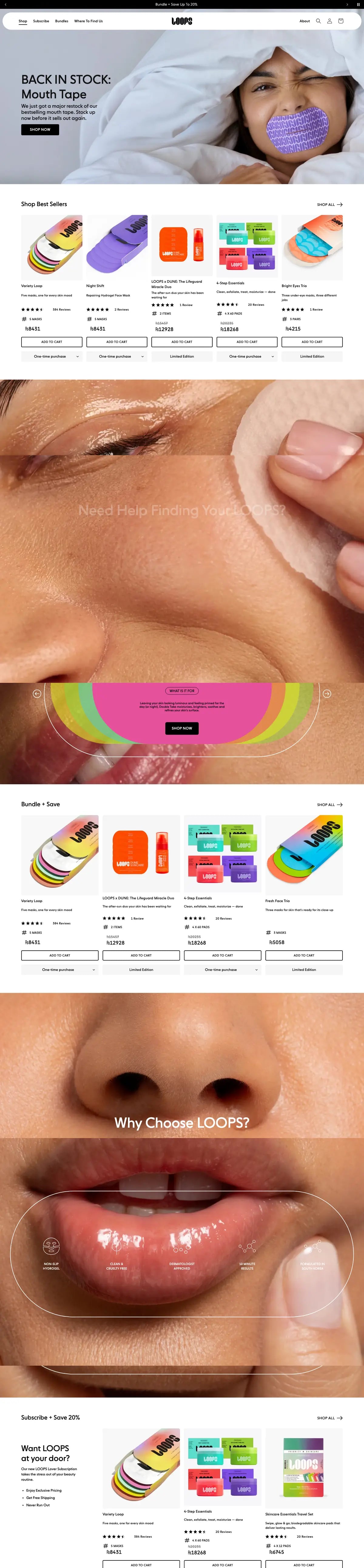 Loops Beauty homepage on desktop, full page